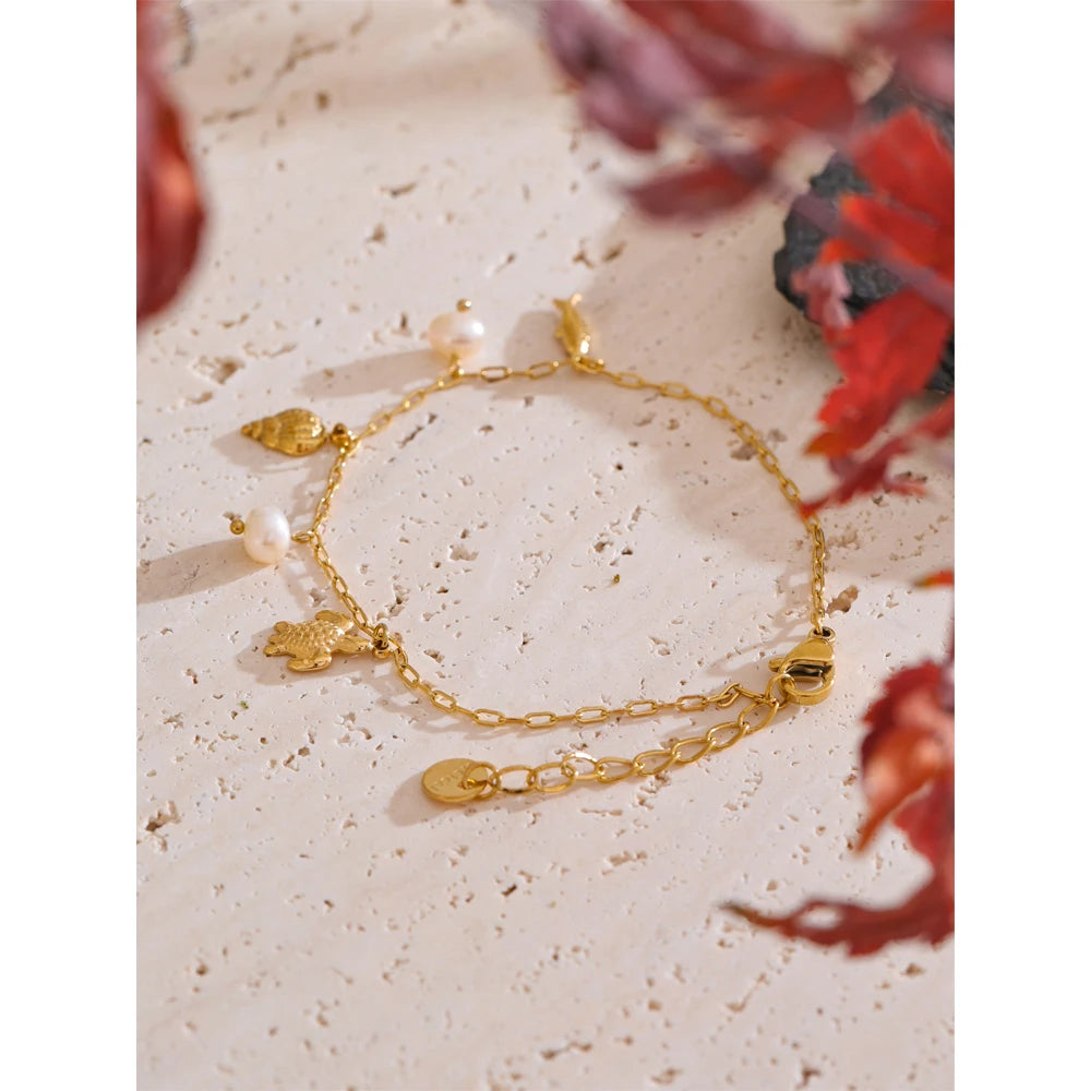 Ocean Spirit Charm Bracelet – Gold Chain with Fish, Shell, Turtle & Pearl