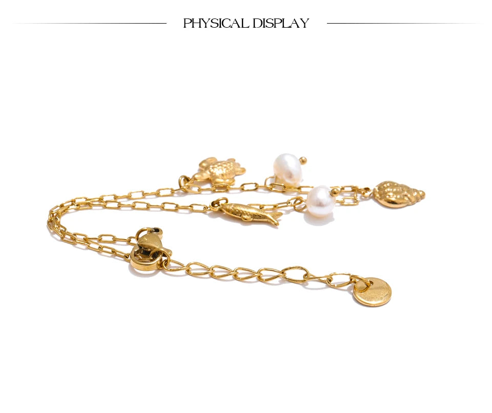 Ocean Spirit Charm Bracelet – Gold Chain with Fish, Shell, Turtle & Pearl