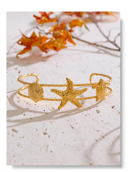 Half-Hoop Charm Bracelet – Textured Metal Bangle with Shell, Starfish & Turtle