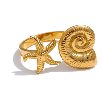 Intricate Starfish & Spiral Seashell Adjustable Ring