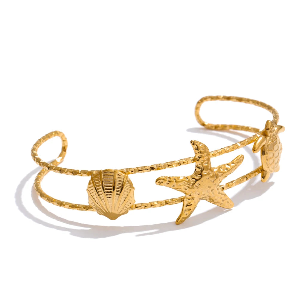 Half-Hoop Charm Bracelet – Textured Metal Bangle with Shell, Starfish & Turtle